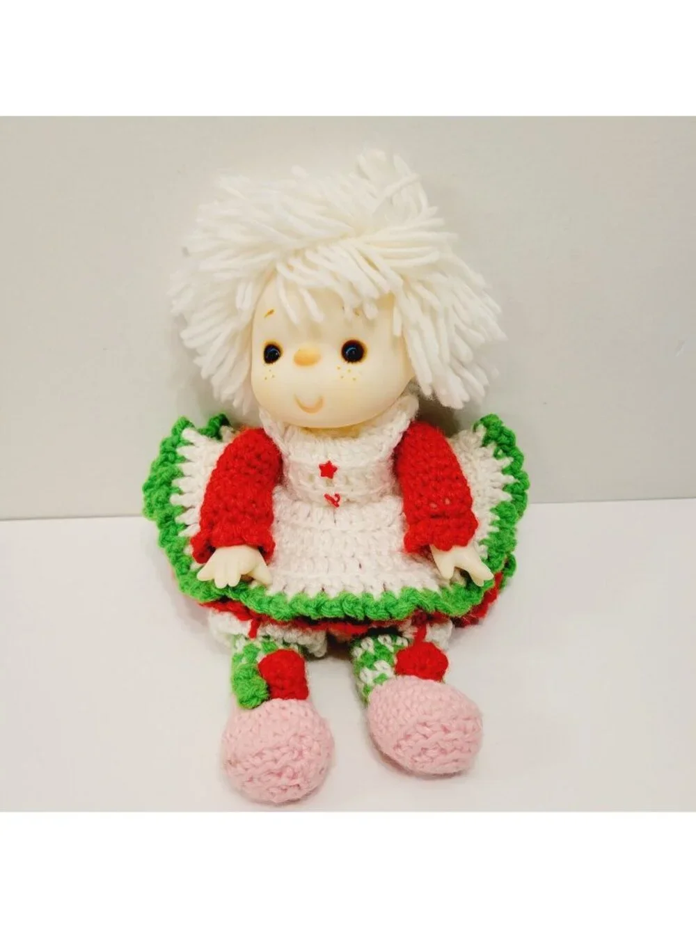 Vtg Handmade Crochet Dress Red & Green Strawberry Shortcake Theme Doll